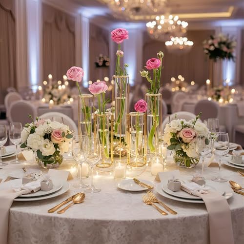 nother Bigsee Test Tube Vase for Flowers, Glass Vase with Metal Stand Racks Hydroponic Test TubeVase Set of 5, Gold Hinged Plant Vases Display Set Table Centerpieces Vase for Home Decor (Gold) - Image 3