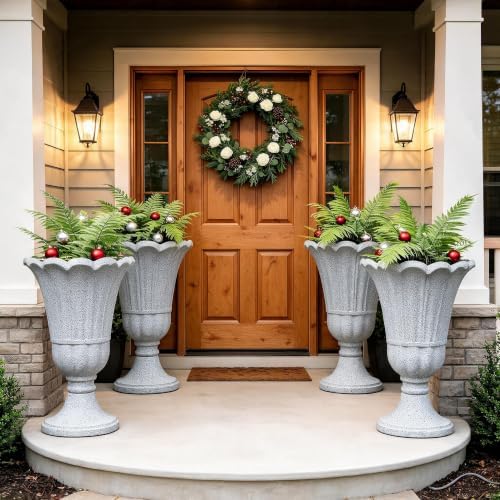 Tall Plastic Urn Planters and Pedestal - 24" Outdoor Planter Grey by Outdoorchairs