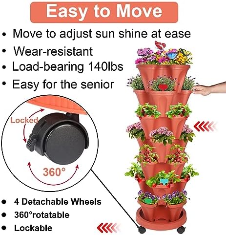 GameXcel Vertical Planter Tower - 7 Tier Stackable Garden Planters with Wheels and Garden Tool Set Plant Pots for Strawberry Herb Flower and Vegetable Indoor Outdoor Use Red - Image 2