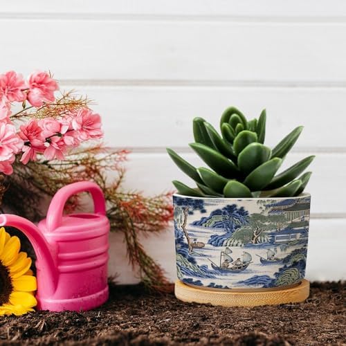 Asian Ceramic Planter Blue and Green Chinoiserie Planters for Indoor Plants with Drainage Holes and Saucers Pot for Outdoor Garden Home Plant - Image 5
