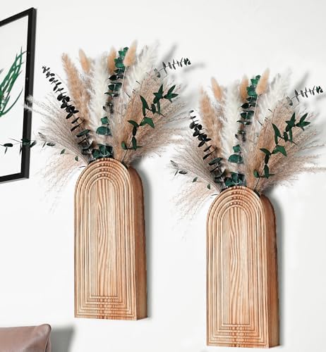 Set of 2 Wooden Vases with Pampas Grass and Eucalyptus – Boho Decor for Living Room, Modern Farmhouse Entryway or Bathroom, Rustic Art for Home Decoration by Unknown