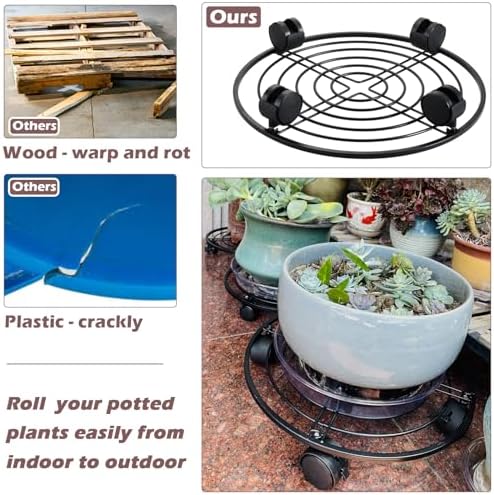 3 Packs 13.5" Metal Plant Caddy with Wheels Large Rolling Plant Stands Indoor Wheeled Plant Dolly Heavy-duty Planter Mover Roller Base Outdoor Plant Trolley Cart Water-proof, Plant Saucers on Wheels - Image 7