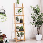Tangkula Bamboo 5-Tier Ladder Shelf Bookshelf, Wall-Leaning Bookshelf, Plant Flower Stand, Storage Display Shelves for Living Room Bathroom Office, Multifunctional Ladder Bookcase (Natural) - Image 5