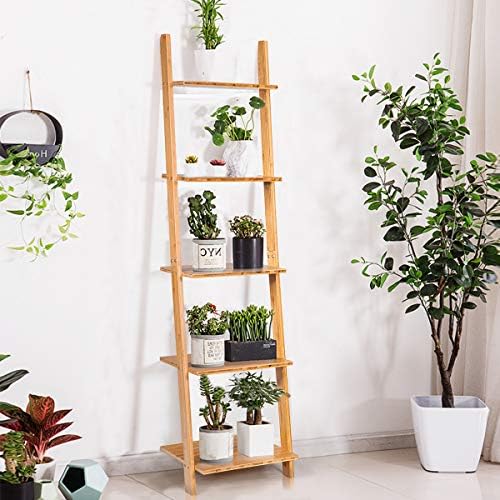 Tangkula Bamboo 5-Tier Ladder Shelf Bookshelf, Wall-Leaning Bookshelf, Plant Flower Stand, Storage Display Shelves for Living Room Bathroom Office, Multifunctional Ladder Bookcase (Natural) - Image 5