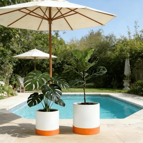 GreenShip Planter Set of 2 (13.8" & 11.8") – Cylinder Planters with Drainage Hole and Planter Saucer, Jun Porcelain Clay & Recycled Resin, Decorate Home,Office & Outdoor,White pots by GreenShipHandmadePots