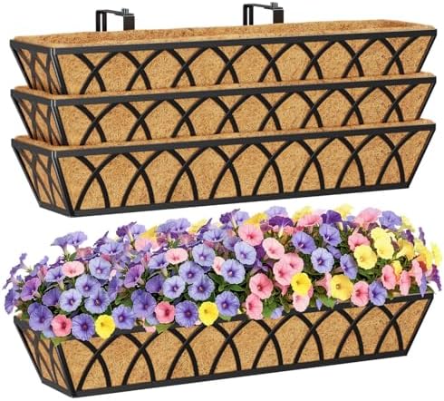 HFHOME 4 Pcs 30" Deck Railing Planter Box with Horse Trough Coco Liners, Black Window Box Hanging Flower Planters Baskets for Indoor, Outdoor, Balcony, Porch, Fence, Patio, and Lawn by HFHOME