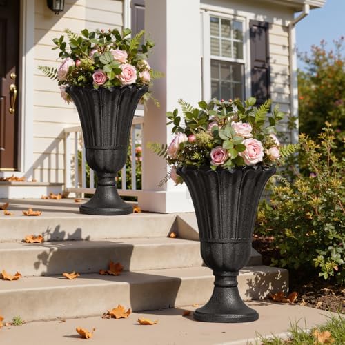 Tall Plastic Urn Planters for Outdoor Plants Set of 2-23.6" H Classic Petal Design Indoor Large Flower Pots with Drainage Holes, Outdoor Planters for Porch Decor/Garden Vase, Black by Diyfire