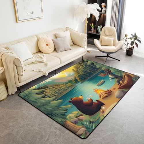 Erosebridal Bear Area Rug 6'6" x 4'11" Camper Living Room Rugs Moose Birds Woodland Bonfire Animals Decorative Carpet Eagle Lake Sunset Deer Boat Indoor Floor Mat by Erosebridal