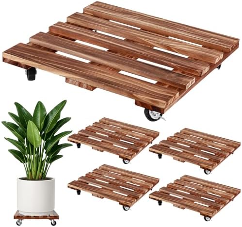 16 Inch Plant Caddy with Wheels, 4 Pack Rolling Plant Stand Rollers with Casters Wooden Plant Dolly with Wheels Heavy Duty Large Rolling Planter Base for Indoor & Outdoor Plants Square Flower Stand by PartyZealot