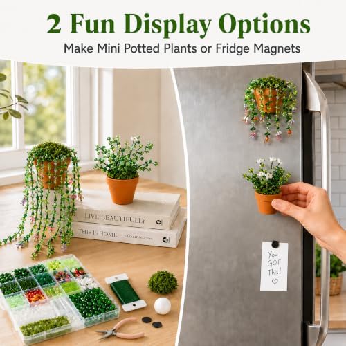 LWPFSD Beaded Plant Kit with 2 Mini Pots & Fridge Magnets, DIY Bead Plant Making Kit with Plant Beads, Craft Wire, Foam Balls, Moss & Pliers, Forever Beaded Plant Craft Gift for Adults - Image 2