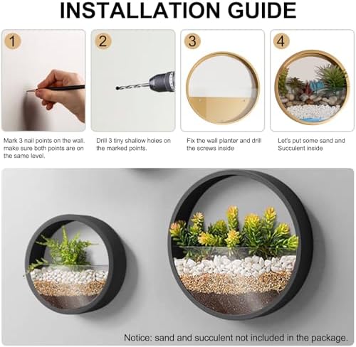 3 Pack Set Wall Planters,Modern Round Glass Wall Planter Succulent Planter Circle Iron Hanging Planter Vase for Herb,Small Cactus Perfect for Balcony, Room and Patio Decor (Black) - Image 5