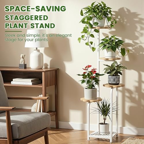 TOSKING Tall 5-Tier Wood Plant Stand Indoor, Cloud Shelves, Oak & White - Image 4