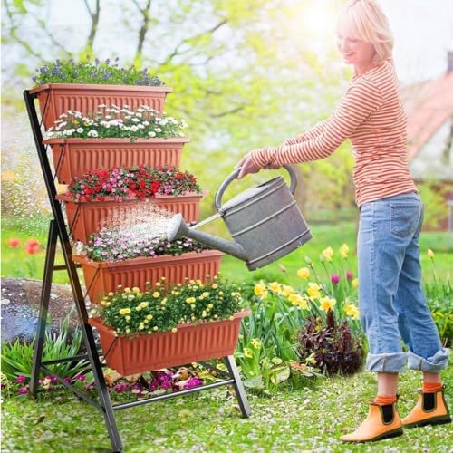 SEJOV 2 Pack Vertical Garden Bed, 5 Tiers Elevated Planter Box, Dark Red - Image 4