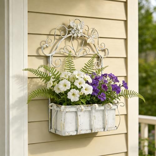 Rustic Metal Wall Planter Vintage Wall Mounted Flower Pot Farmhouse Distressed Wall Hanging Plant Basket with Floral & Butterfly Decor for Indoor Outdoor Garden Home Yard (White#2) - Image 6