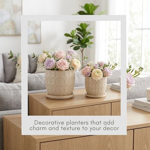 Decorative Flower Planter with Squoval Pattern and Saucer Plate - Home Decor Plant Pots for Indoor and Outdoor Styling - Perfect Plant Pots Accent for Plant Stand Indoor - Set of 2, 7", 6", Ivory - Image 3