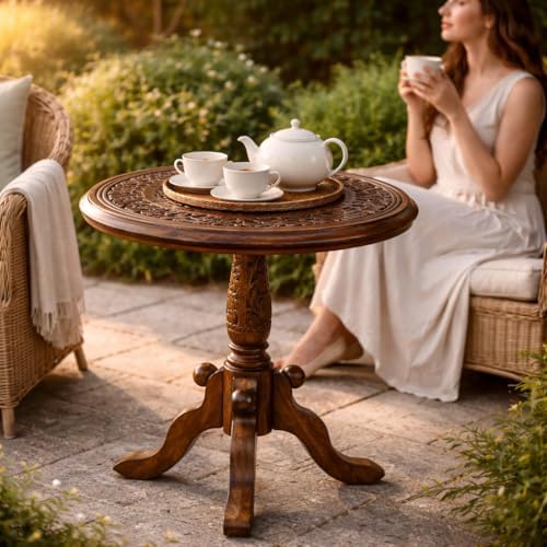 Handcrafted Carved Round Side Table – 18x21 Inch Coffee Table for Living Room | Solid Wood Accent End Table with Pedestal Base | Altar Table for Home Décor - Image 2
