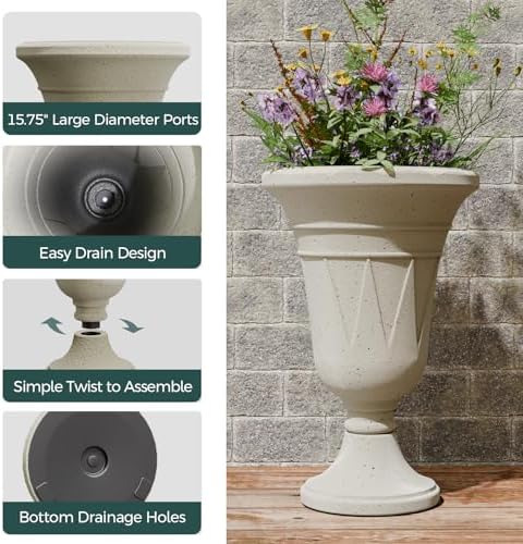 Tall Plastic Urn Planters and Pedestal - 24" Outdoor Planter Beige - Image 3