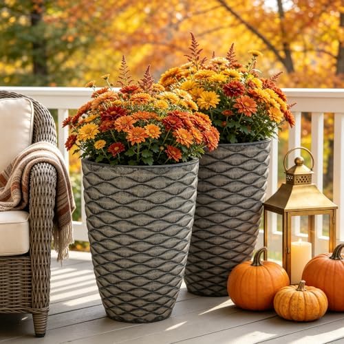 2-Pack 19" Rustic Black Resin Tall Planters with Wave Texture - Image 6