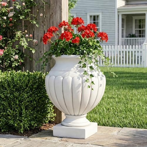 Merax 23.03" H Classical Scalloped Pedestal Urn Planter Weather-Resistant MGO Outdoor Flower Pot for Garden Patio and Front Porch Entrance,Antique White by Merax