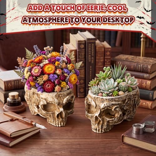 2 Pack Halloween Skull Planter, White, Carved - Image 6