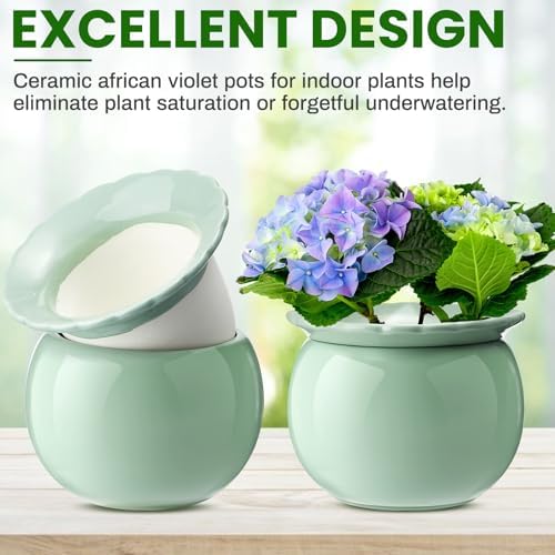 Suclain 2 Pcs African Violet Pots, 6.5 Inch Self Watering Pots for Indoor Flowers and Plants Ceramic Easy Self Watering Plant Pot with Highly Absorbent Inner Planter Pot for Tropical Plants(Green) - Image 3