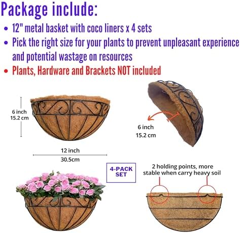 LaLaGreen Wall Planter (12 in, 4 Pack) Black Metal Coco Liner Flower Pots - Image 2