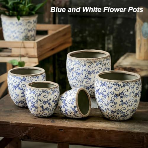 Reto Rustic Ceramic Flower Pots for Garden Plants and Succulents,Distressed Cracked Glazed Planters with Drainage Holes Tuscan Flower Pots for Outdoor,Bluel,with Hole - Image 5
