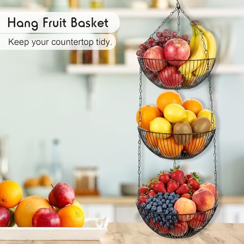 3-tier Hanging Fruit Basket, 44" Metal, Black, 9.8 x 3.9 Inch - Image 5