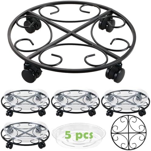13.5" Metal Plant Caddy with Wheels 5 Packs Large Rolling Plant Stands Indoor Wheeled Plant Dolly Heavy-duty Planter Mover Roller Base Outdoor Plant Trolley Cart Water-proof, Plant Saucers on Wheels by Unknown