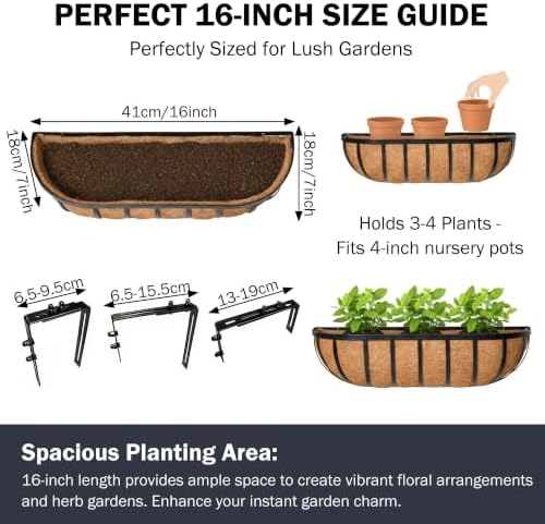 16“ Window Box Railing Planter with Coco Liner Metal Wall-Mounted Coconut Liner Planter Basket English Horse Trough Planters for Outdoor Deck Balcony Porch Fence Patio Black (2 Pack) - Image 4