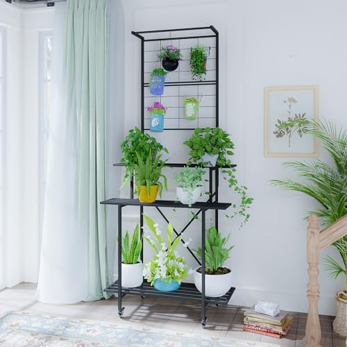 Zhongma 3 Tier Heavy Duty Plant Stand with Hanging Plant pot shelf with wheels, 35.43 L x 18.11 W x 81.1H multi layer plant Holder for Home, Garden, Plant Lovers,Metal Storage Rack Shelf/Freestanding Display Stand - Image 2