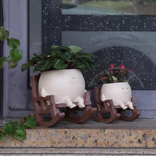 Smily Face Planter Pot Cute Resin Flower Head Planters for Indoor Outdoor Plants Unique Sitting Rocking Chairs Succulent Pots for String of Pearls Plant Live Gift Ideals with Drainage Hole - Image 4