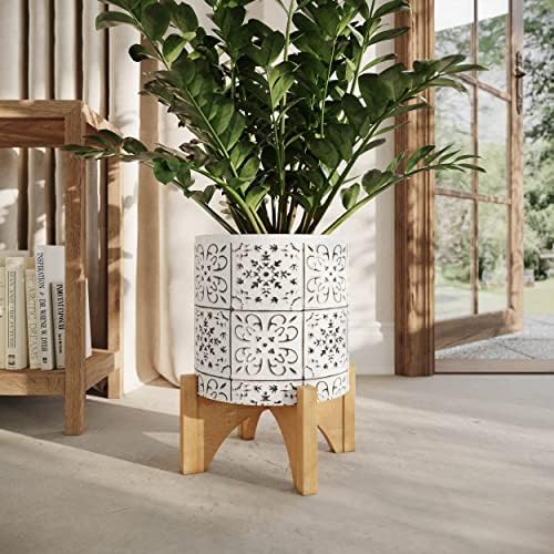 EverNest Tristan Boho Chic White and Black Embellished Patterned Modern Planter, Bohemian Style, Planter with Arch Wood Stand, Indoor Home Decor Plant Holder (Small, 1 Gallon) - Image 3