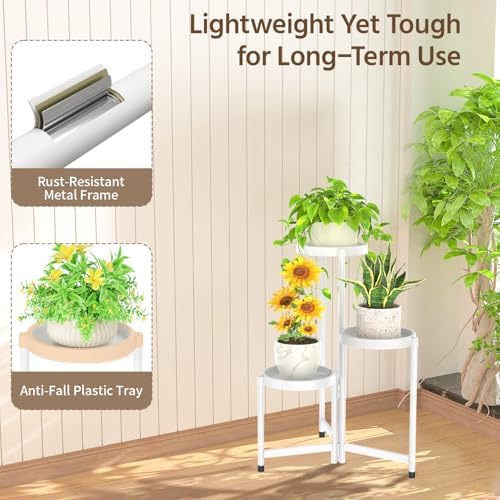 LASZOLA Plant Stand Indoor Outdoor Tall with Plastic Tray, 3 Tiers White - Image 6