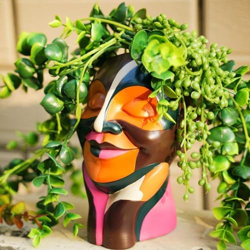 Abstract Face Plant Pots, Colorful Smiling Head Flower Pots for Home Decor, Unique Cute Planters Hand-Painted, Funny Eclectic Body Vases, Boho Modern Art for Desk Shelf Decoration (Chocolate&Orange) - Image 2