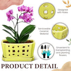 Teenyyou 9.5" Orchid Pot Ceramic with Hole Saucer for Repotting, Yellow - Image 3