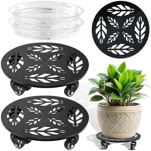 Planterhoma 2 Packs 14 Inch Rolling Plant Stand with Wheels Metal Plant Caddy with Wheels Heavy Duty Plant Rollers with Metal Wheels Round Wrought Iron Plant Stand with Clear Saucers, Glossy Black by Planterhoma