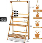 ReunionG 3-Tier Bamboo Plant Stand, Foldable Hanging Flower Plant Shelf, Pot Organizer Display Storage Rack with Adjustable Height Hanger Rod, Planter Ladder Potted Holder for Patio Garden - Image 3