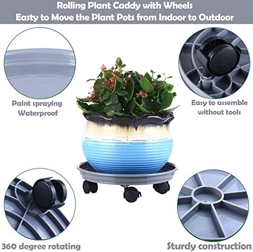 Planterhoma 6 Packs Plastic Plant Caddy with Casters 12” Plant Dolly Heavy Duty Rolling Plant Stand with Wheels for Indoor and Outdoor Large Heavy Plant Pot Rollers, Black and Grey - Image 2
