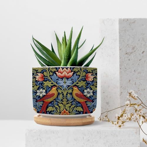 Red Bird Floral Flower Planter Ceramic Chinoiserie Asian Botanical Round Plant Pots with Drainage Holes and Bamboo Tray Pot for Indoor Outdoor Garden - Image 7