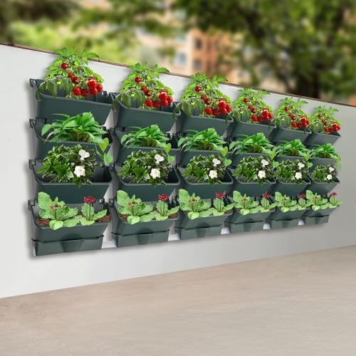 Self Watering Vertical Wall Planter, 24 Pockets 13" Stackable Hanging Planters Indoor Outdoor Living Wall with Hose and Drainage Tray Kit, Green Plastic Pot Herb Plants for Deck Garden by Ongniong