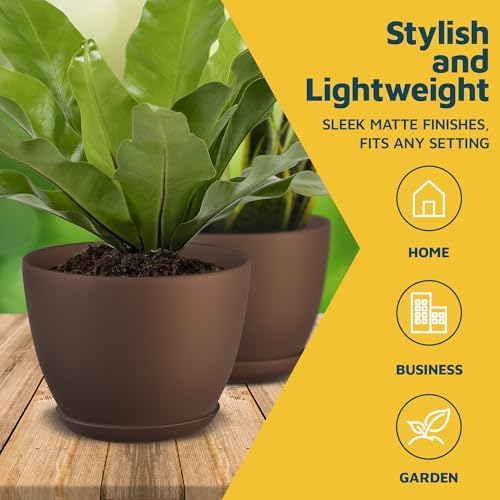 Brown Plant Pots with Drainage Holes & Saucers 15 Pack, Indoor & Outdoor Stackable Space-Saving Planters for Houseplants & Flowers, (7", 6.7", 6", 5.3", and 4.8" Inches), Durable & Weatherproof - Image 3