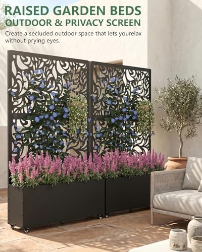 2PCS Metal Planter Box with Trellis,70.9"x47.2"x15.7" Raised Garden Bed with Drainage Holes, Privacy Planters for Outdoor Garden Bed for Climbing Plants,Vegetables,and Vines, Black-Flower - Image 3
