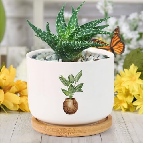 DreamAutumn Pack of 3 Planters Ceramic Plants Ceramic Pots with Drainage Holes Round Flowerpot Bamboo Tray Plant Pots for Succuelnt and Little Snake Plants by DreamAutumn