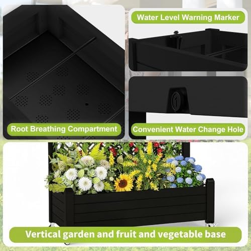 EasyUp Rolling Garden Planter Box with Trellis & Lockable Casters, Outdoor Raised Bed with Drainage & Water Gauge, Durable Resin for Patio, Balcony, Yard, Dust-Proof (Black, 43.43 * 18.27 * 64.29) - Image 5