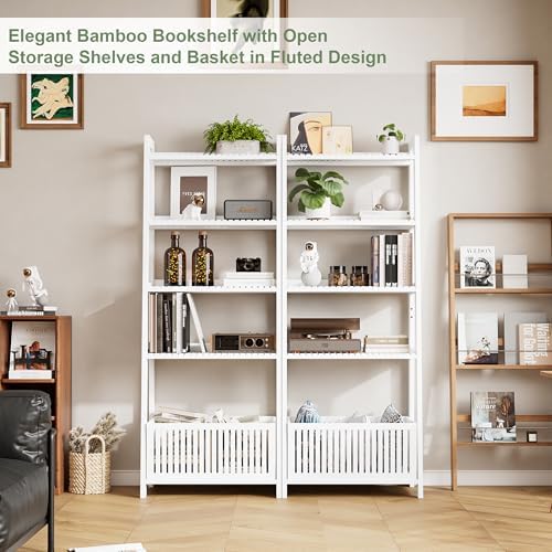 Bamjoy Bamboo White Bookshelf with Slatted Basket, Ladder Bookcase with 4 Display Shelves and 1 Open Storage Basket, Multifunctional Storage Rack Organizer for Home Office, Bedroom, Living Room, 66” H - Image 4