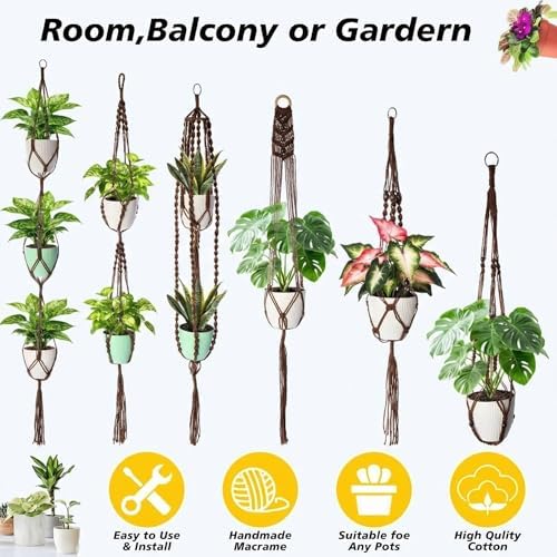 SATINIOR 12 Pcs Macrame Plant Hangers Handmade Boho Hanging Planters 12 Different Tiered Designs with 12 Hooks for Flower Pots Indoor Outdoor Decorative Wall Hanging Baskets for Home(Classic,Brown) - Image 4