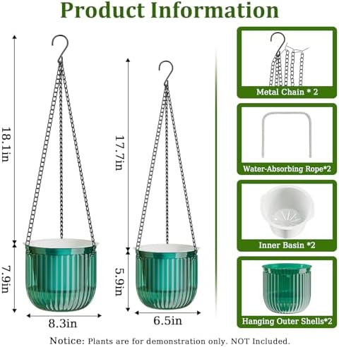 Halatool 2 Pack Self-Watering Hanging Planters for Indoor Plants, 6.5" & 8.3" Outdoor Flower Pots with Drainage Holes, Visible Water Level Indicator for Wall, Garden, Home Decor (Peacock Green) - Image 2