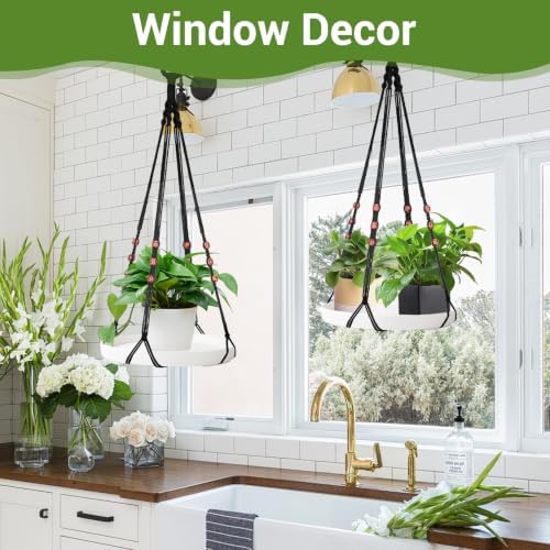 GREANER 2 Sets Hanging Plant Shelf, Black Indoor Hanging Plant Stand with Large Plastic Tray, Flower Pot Holder for Succulents, Cacti, Small Plants - Image 6