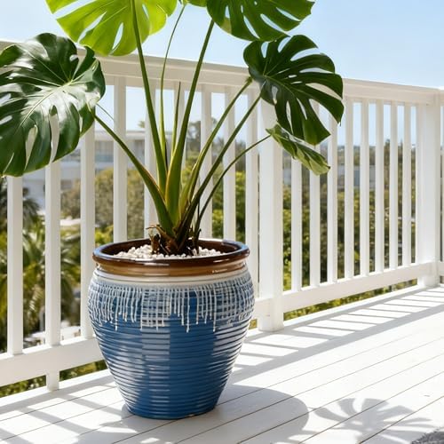 WORTH Clay-Pot-Style Plastic Planters Set of 2 (Large: 17"Dia x 16"H & Small: 13"Dia x 13"H), Blue-Glazed Plant Pot, Round Lightweight Flower Pots with Drainage Hole & Plug for Indoor & Outdoor Use - Image 6